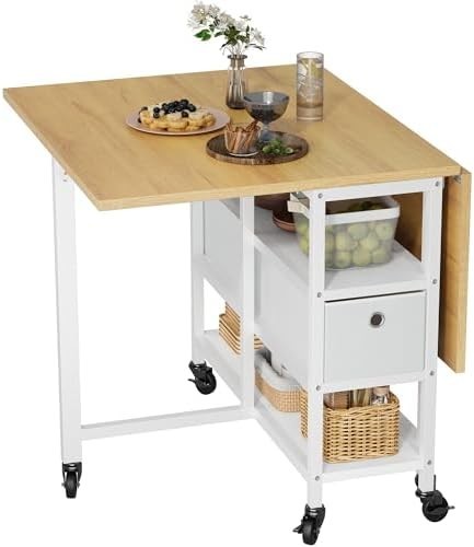 Mobile Folding Dining Table with Drawers & Wheels 120x80cm Space-Saving