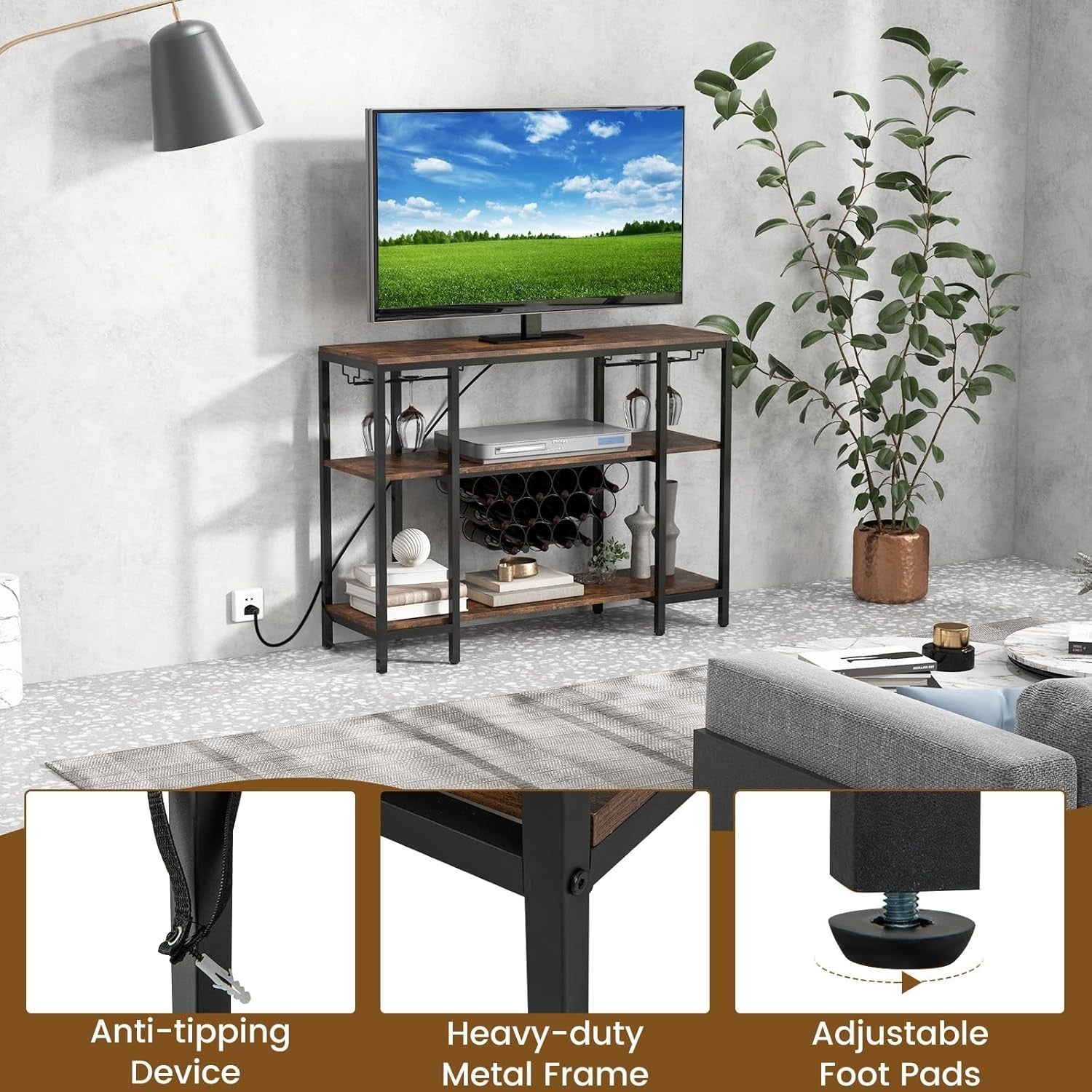 3 Tier Industrial Wine Cabinet with Countertop Glass Holders USB Charging Bar