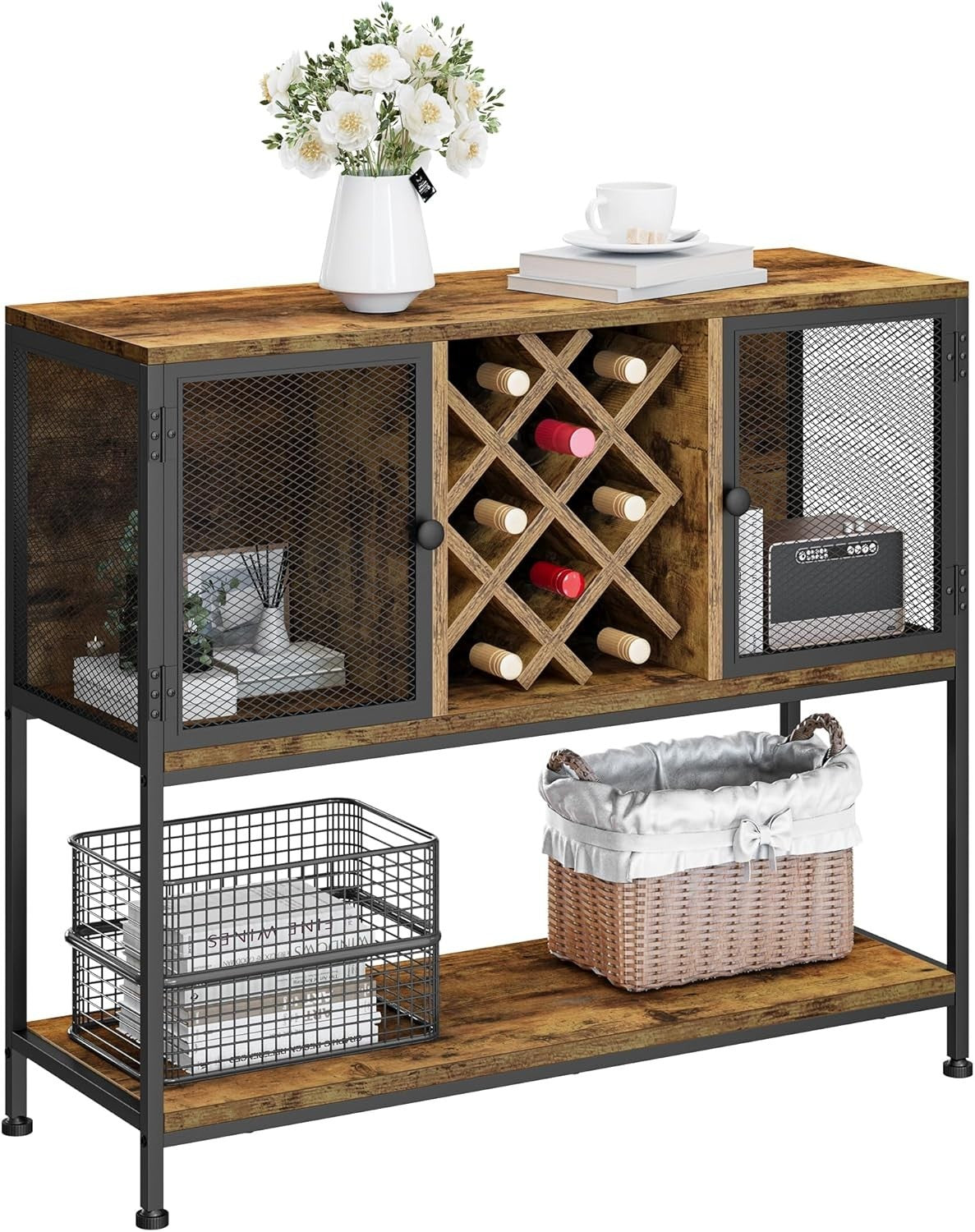 Rustic Sideboard Drinks Cabinet with Wine Rack & Storage Shelves 100cm