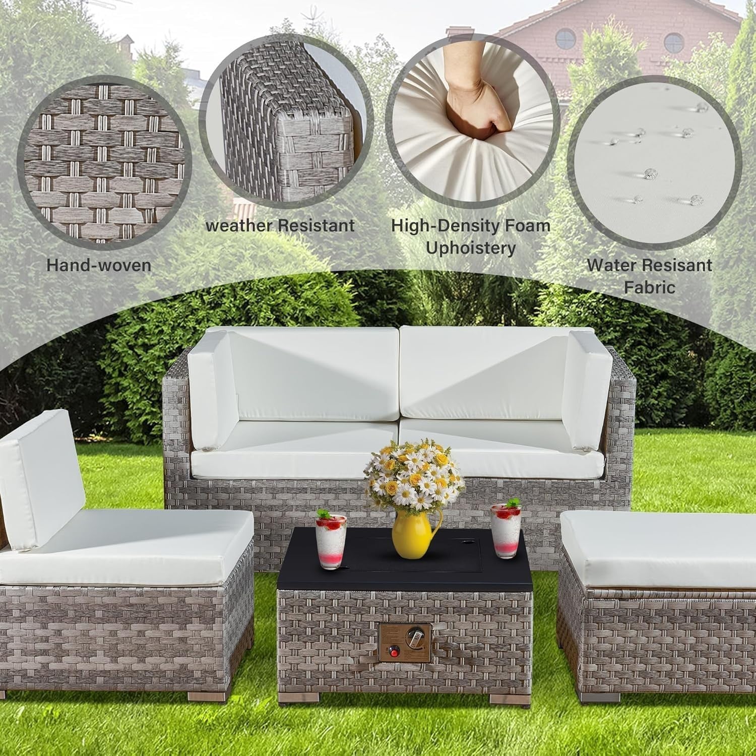 Outdoor Rattan Garden Sofa Set 4-Seater L-Shape Patio with Cushions & Table