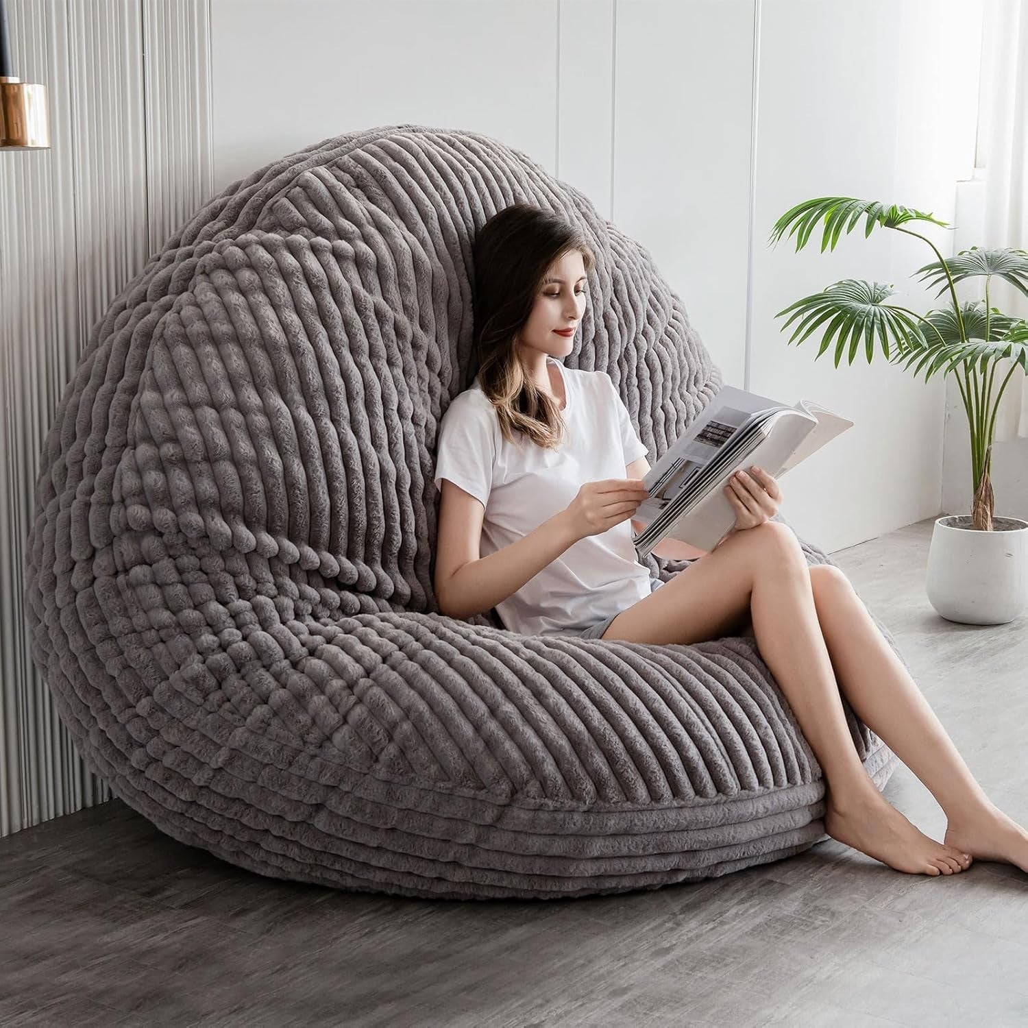 Giant Faux Fur Bean Bag Sofa Chair Bed Grey Adults Couples Lounge Seat