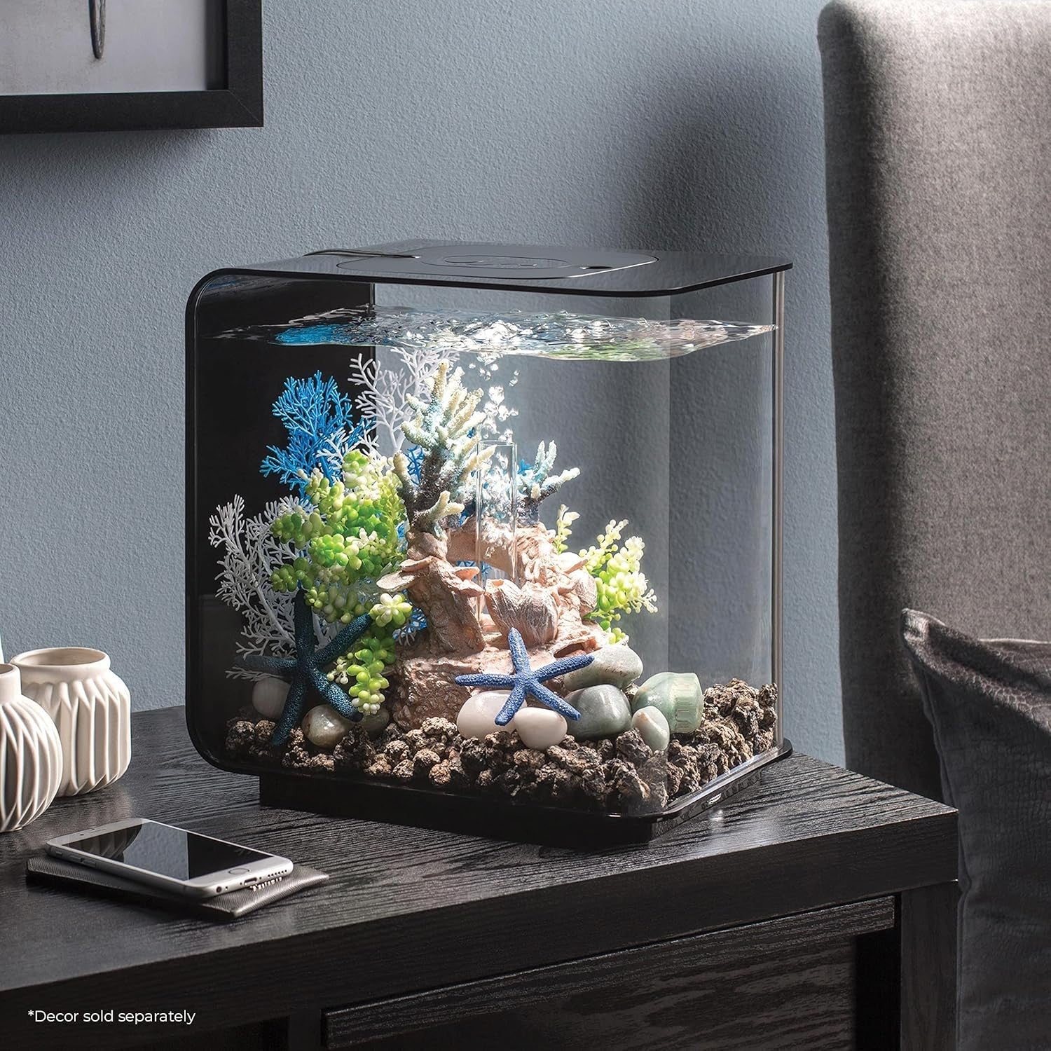 15L Compact Acrylic Aquarium with LED Light - Black, Desk-Friendly