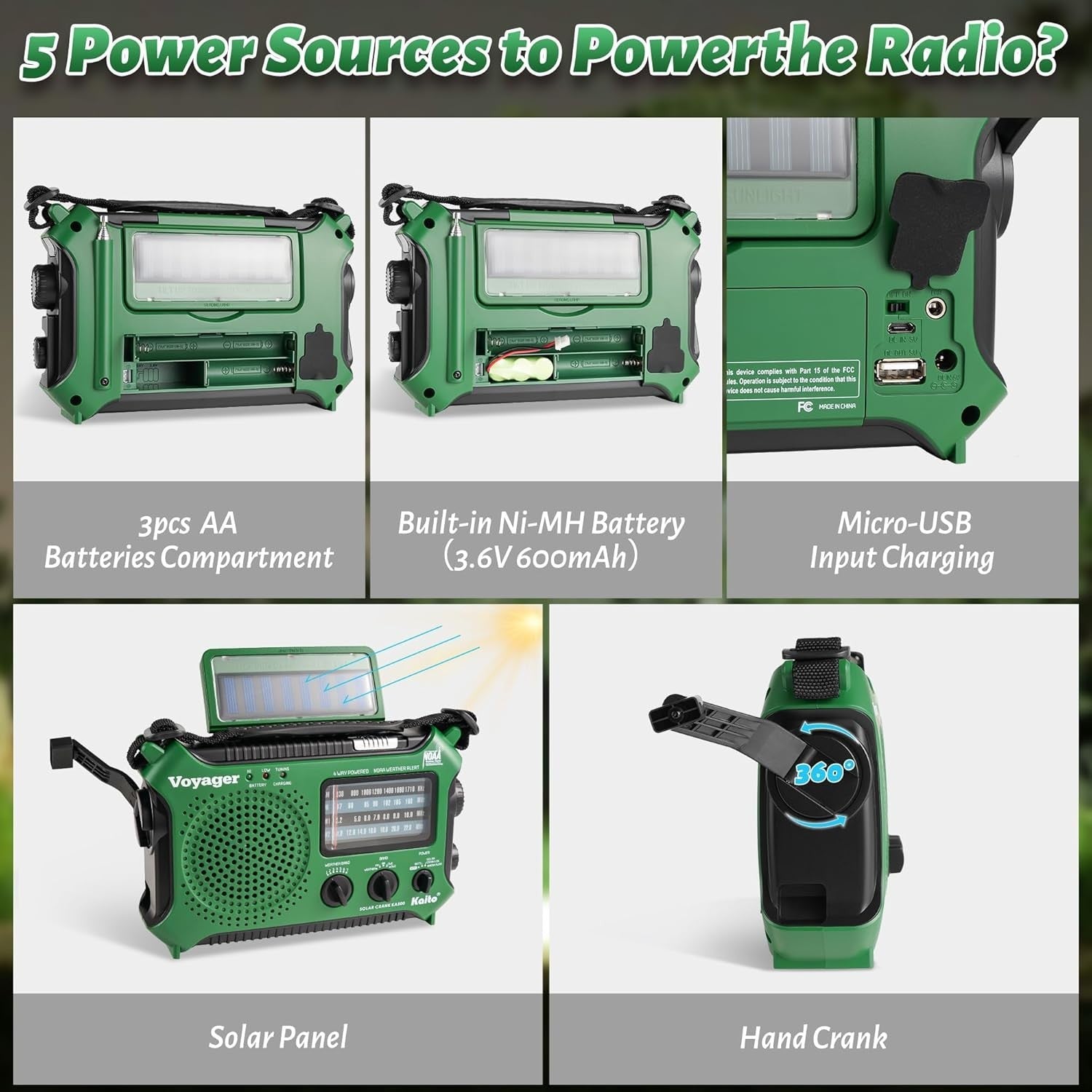 Emergency Weather Alert Radio Solar Hand Crank AM FM SW 7 Band Green