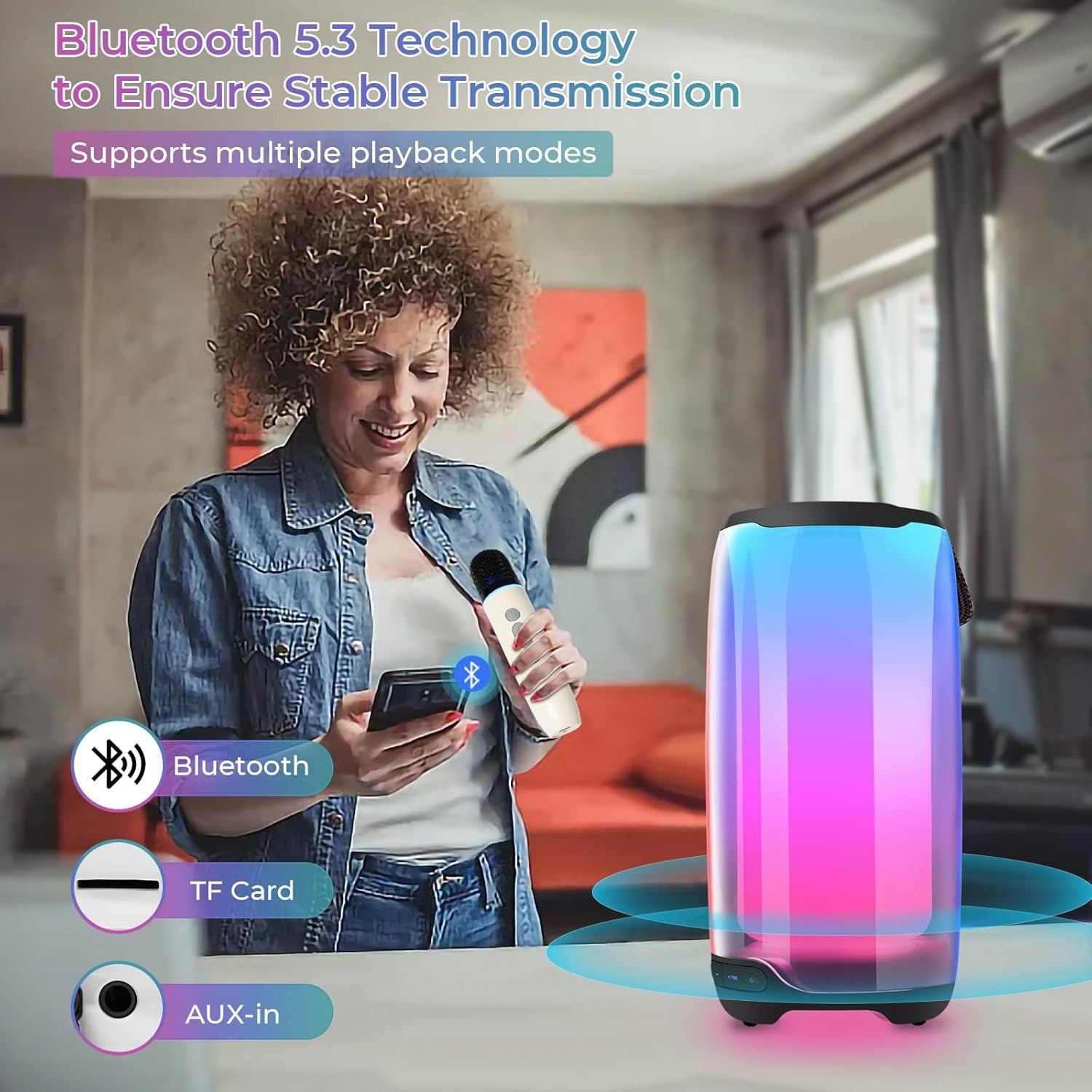 Portable Karaoke Machine Bluetooth 2 Wireless Mics LED Lights Party