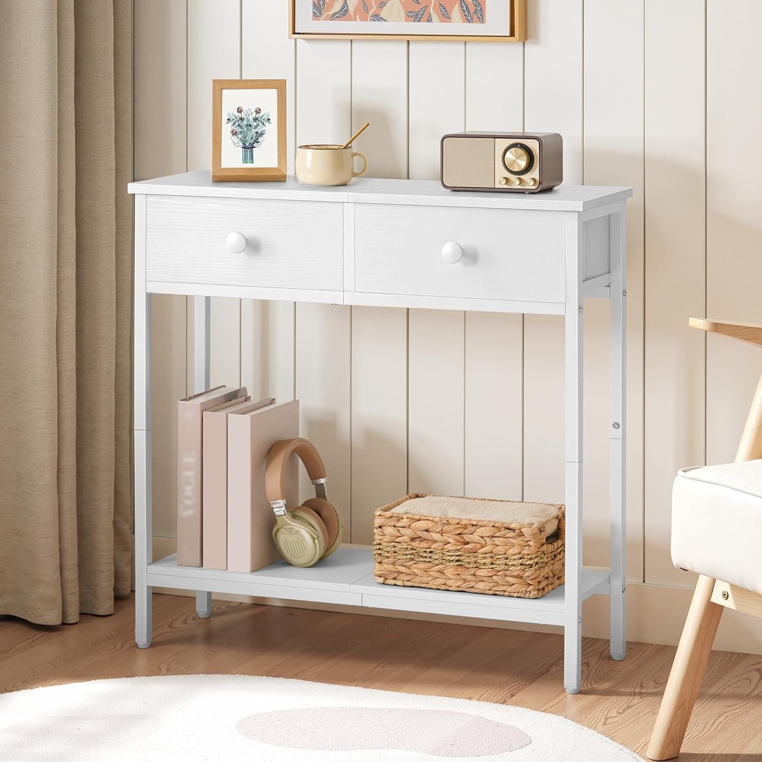 White Slim Console Table with Drawers & Shelf, Narrow Entryway Storage