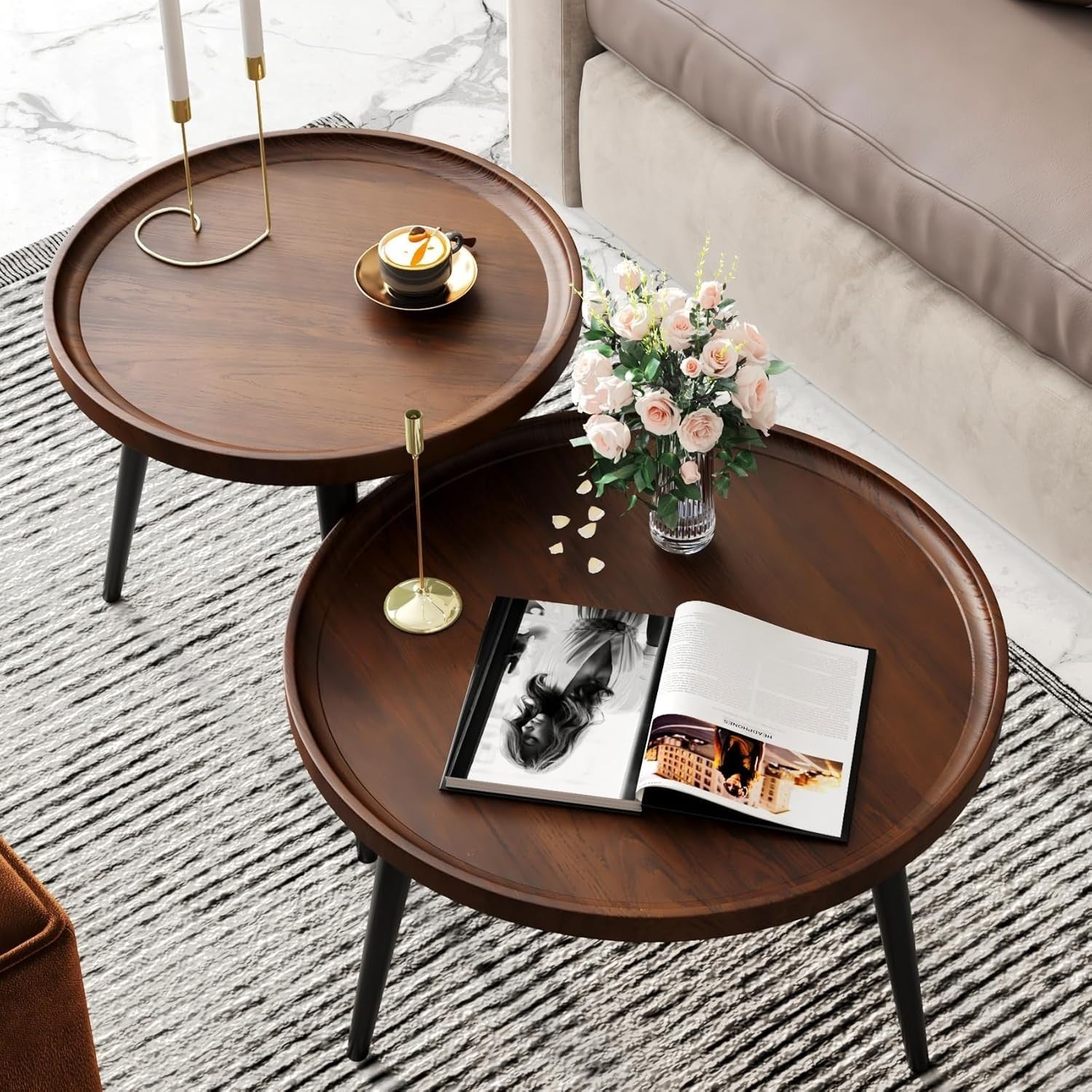 Walnut Nesting Coffee Table Set of 2 Modern Round Side End Tables 178lbs Load