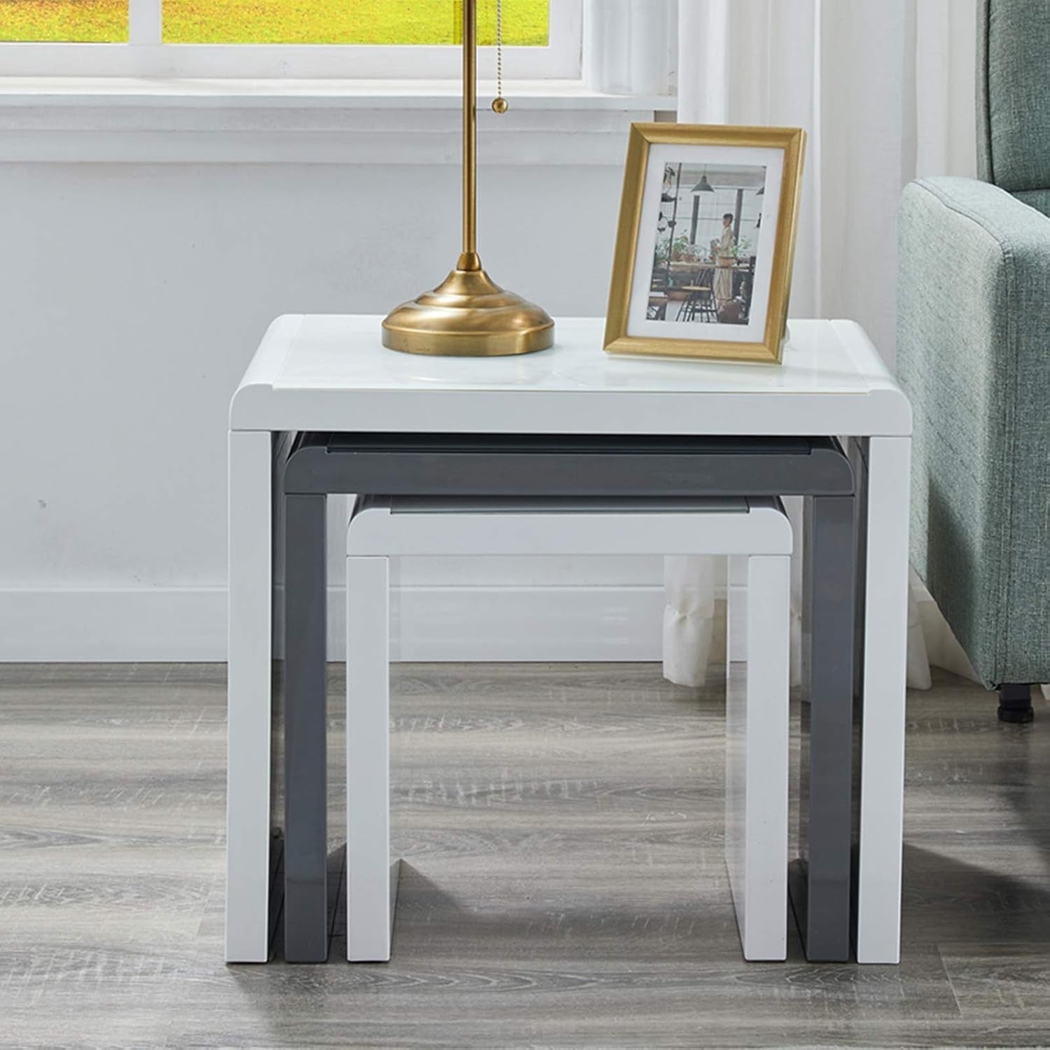 Space Saving Nesting Coffee Table Set Grey/White Tempered Glass Top Modern