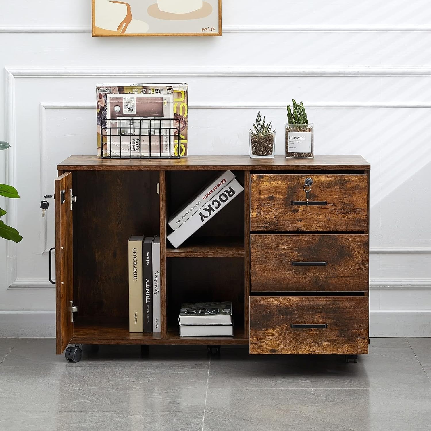 Rustic Brown Locking Rolling File Cabinet 3 Drawer Large Printer Stand