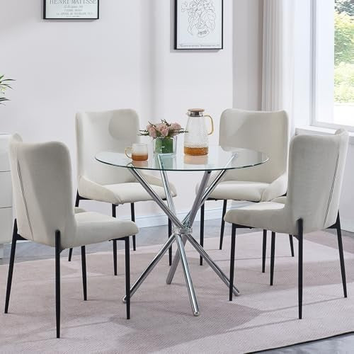 Round Glass Dining Table 90cm Silver Tempered Metal Legs Modern