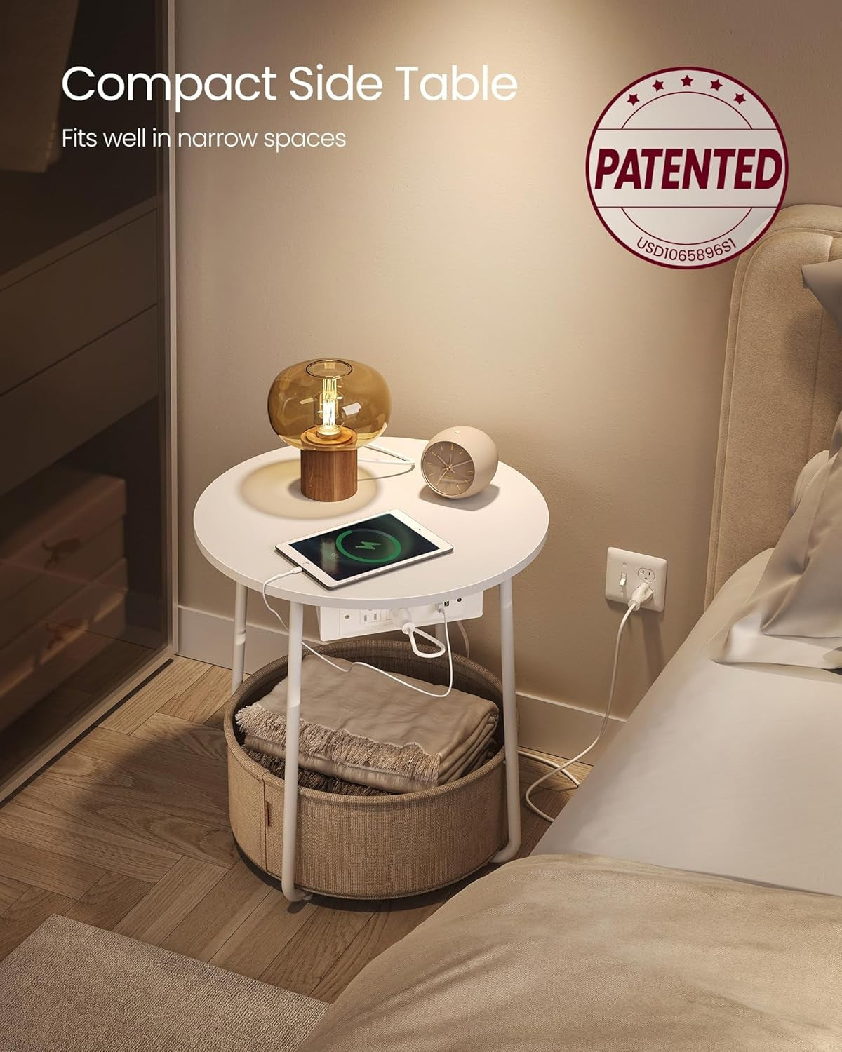 Round Side Table with USB Charging Ports, Storage Basket, Modern Bedside Stand
