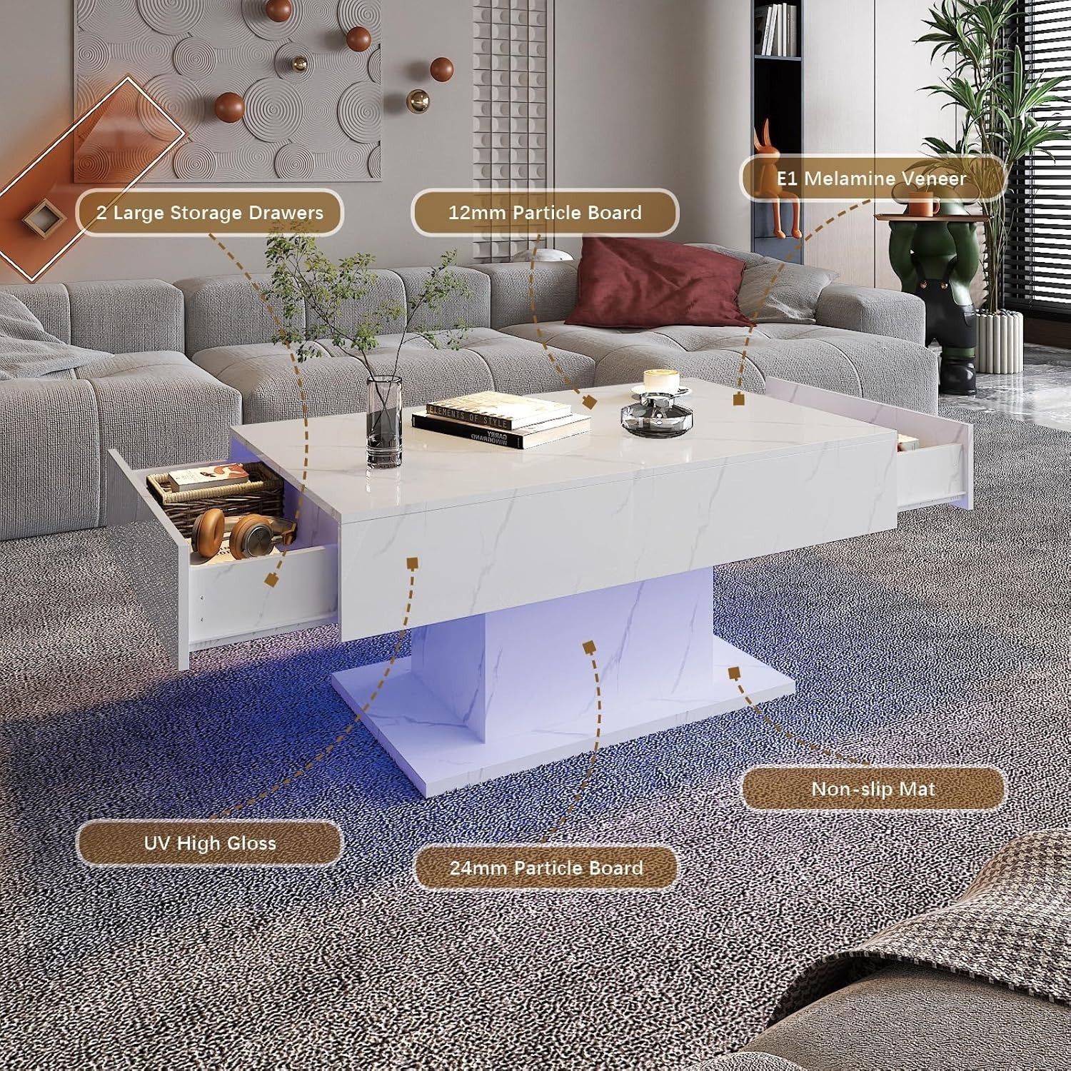 White Marble LED Coffee Table with 2 Drawers, High Gloss 110x55cm