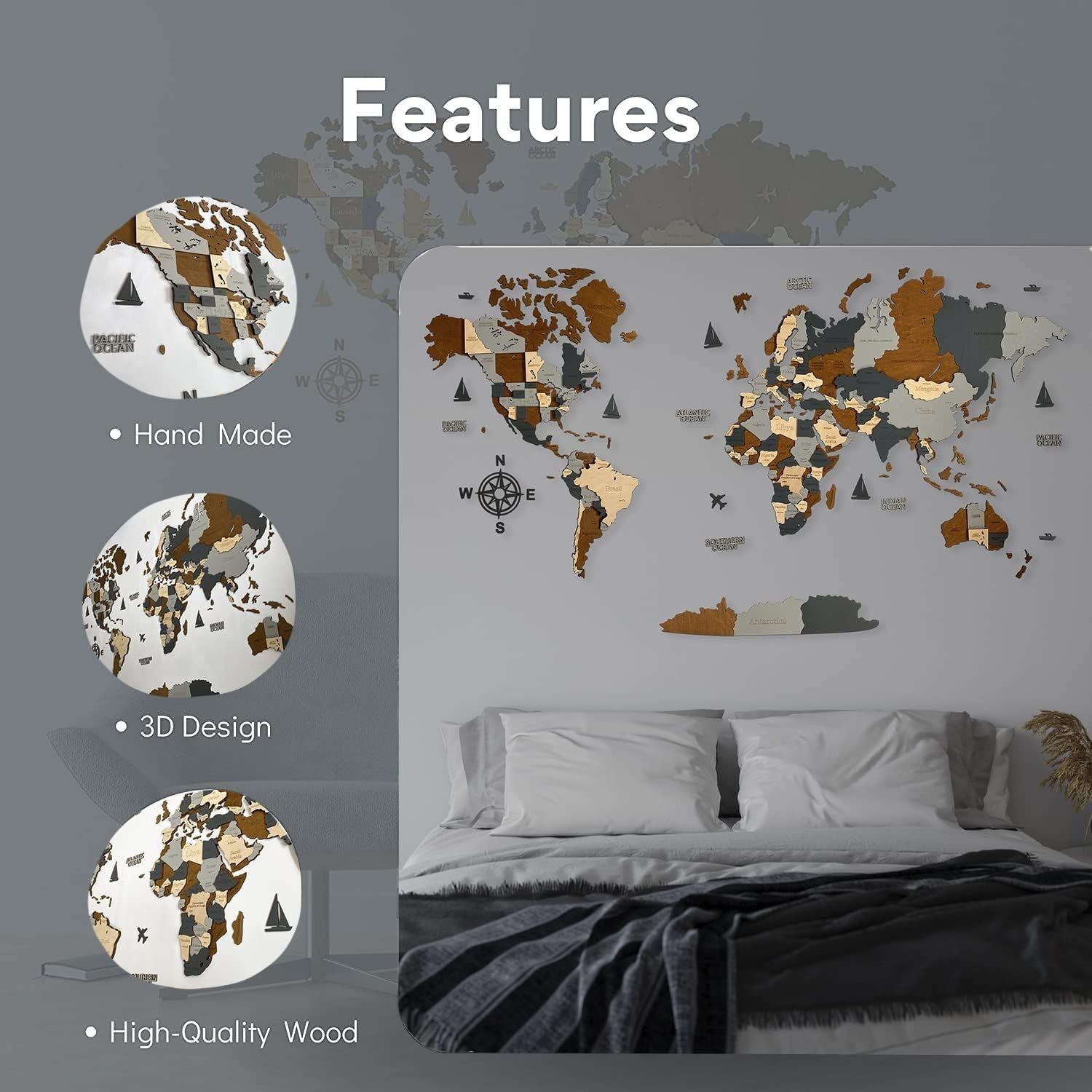 Large 3D Wooden World Map Wall Art Travel Decor Home Office 160cm