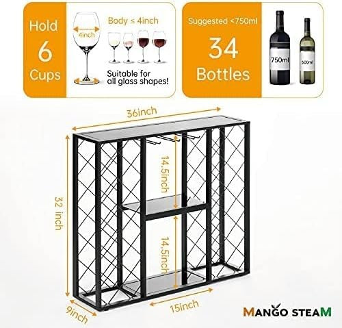 34 Bottle Wine Rack with Glass Top Table Shelf Metal Free Standing Storage Bar
