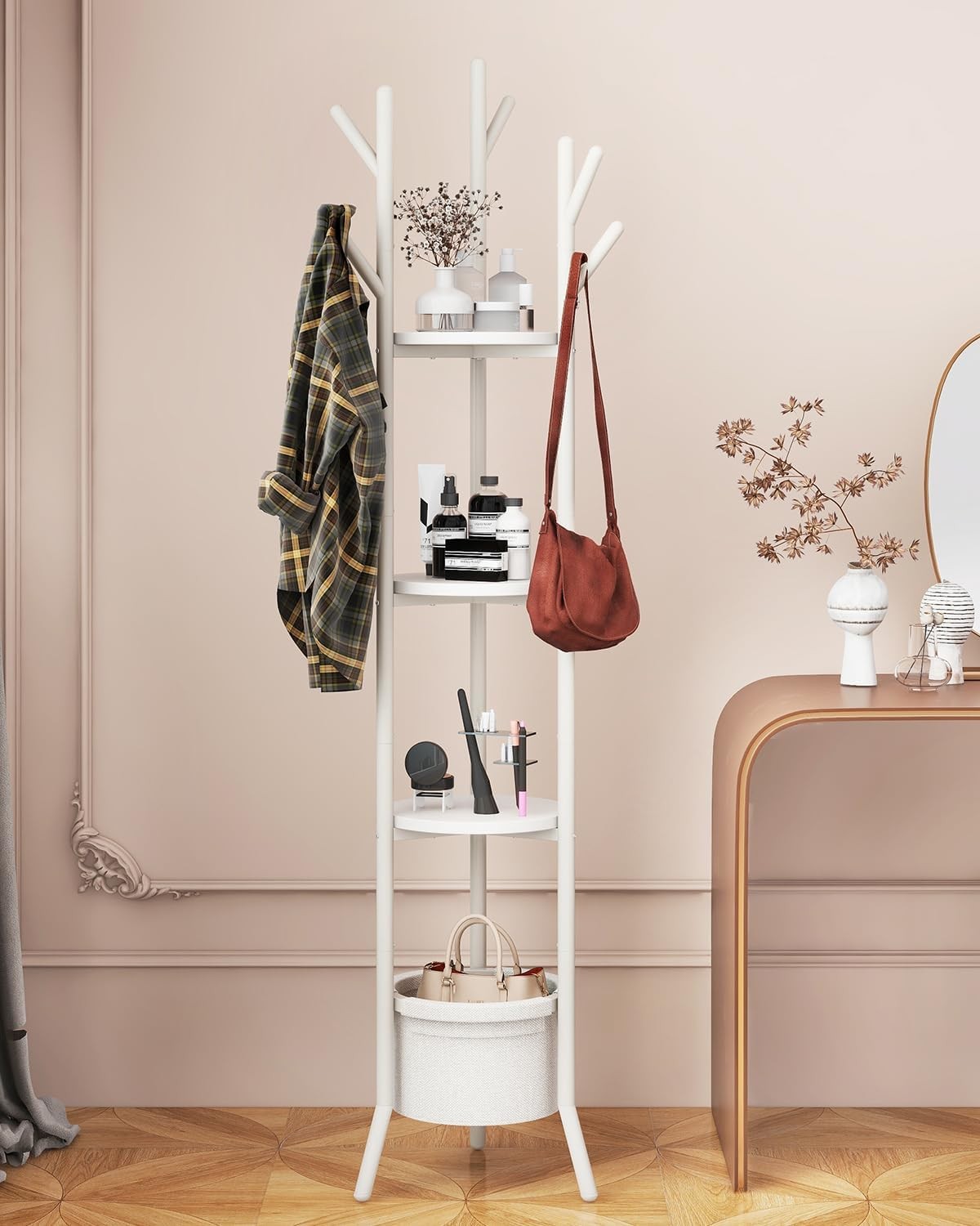 White Freestanding Coat Rack with Shelves | 169cm Metal Hall Tree Stand