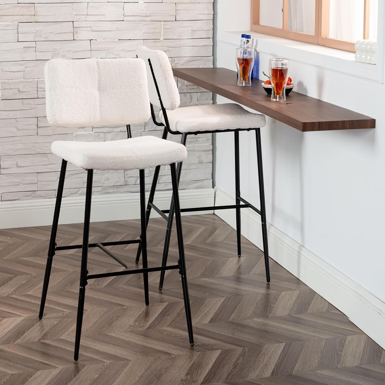 Scandinavian Bar Stools Set of 2 – Boucle Fabric Counter Chairs