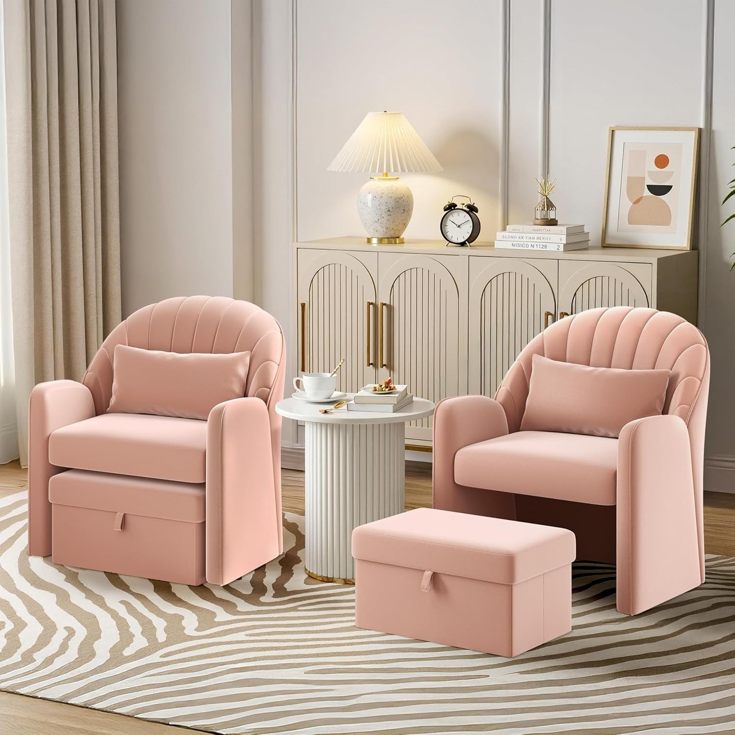 Velvet Tub Chair with Storage Footstool Pink Accent Armchair