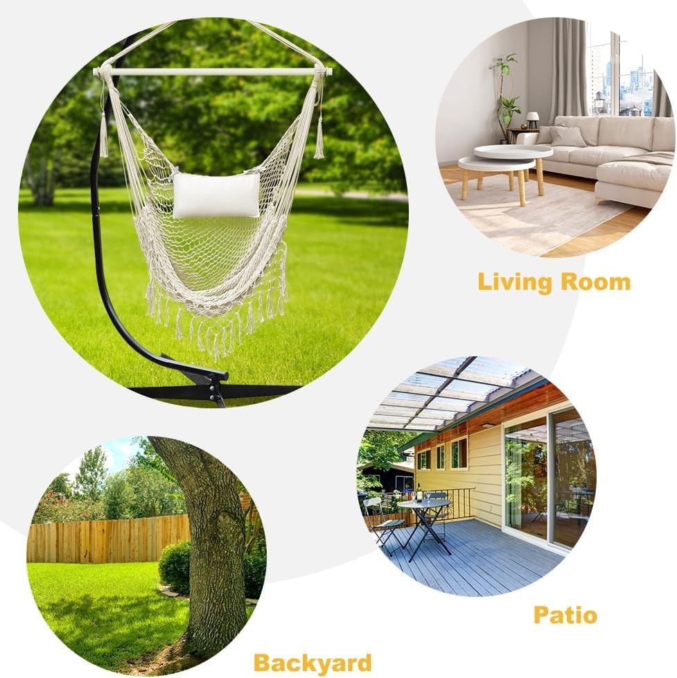 Beige Hammock Chair with Footrest & Cushions – Indoor Outdoor Swing Seat