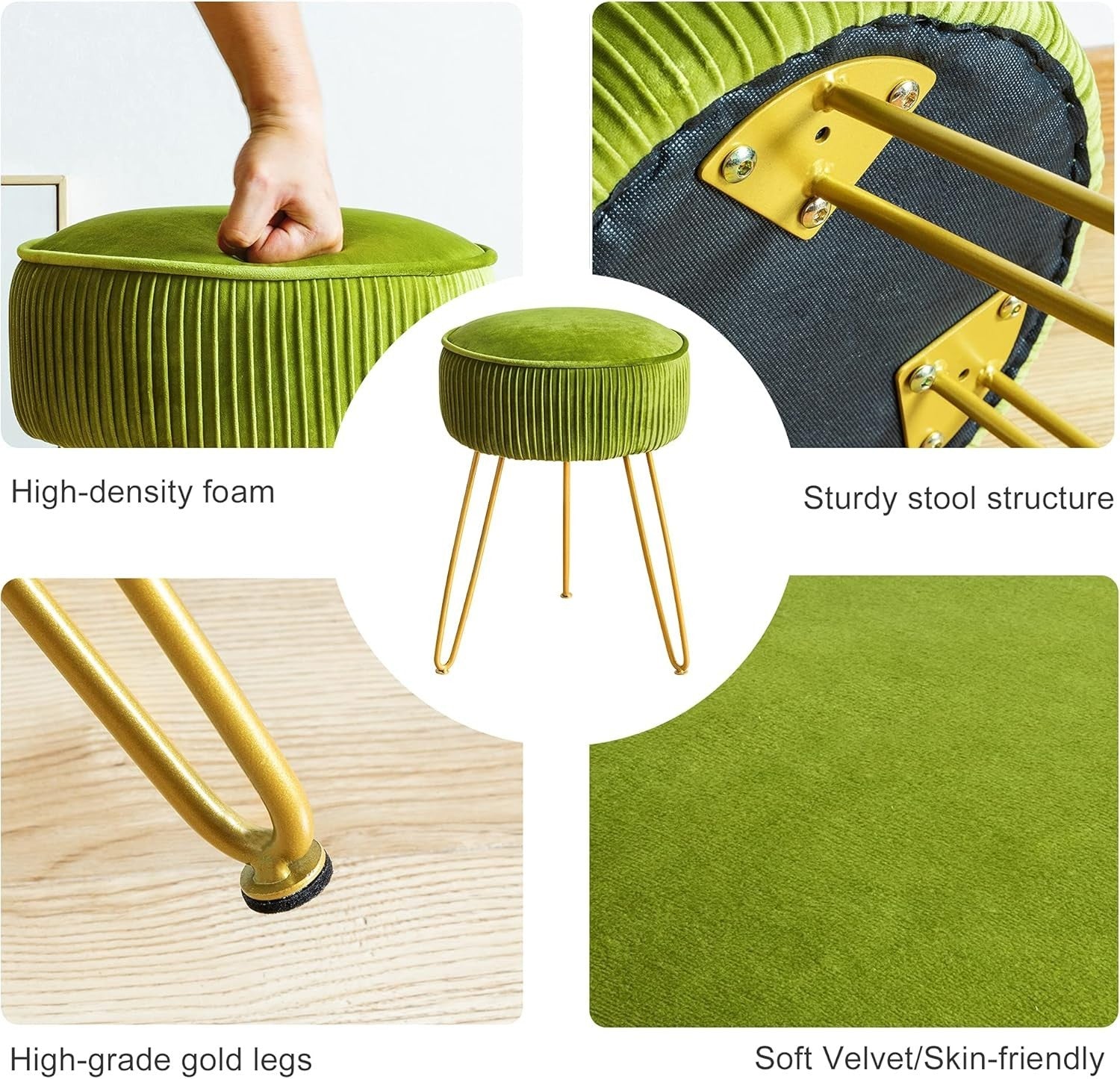 Matcha Green Pleated Velvet Vanity Stool Round Ottoman with Metal Legs