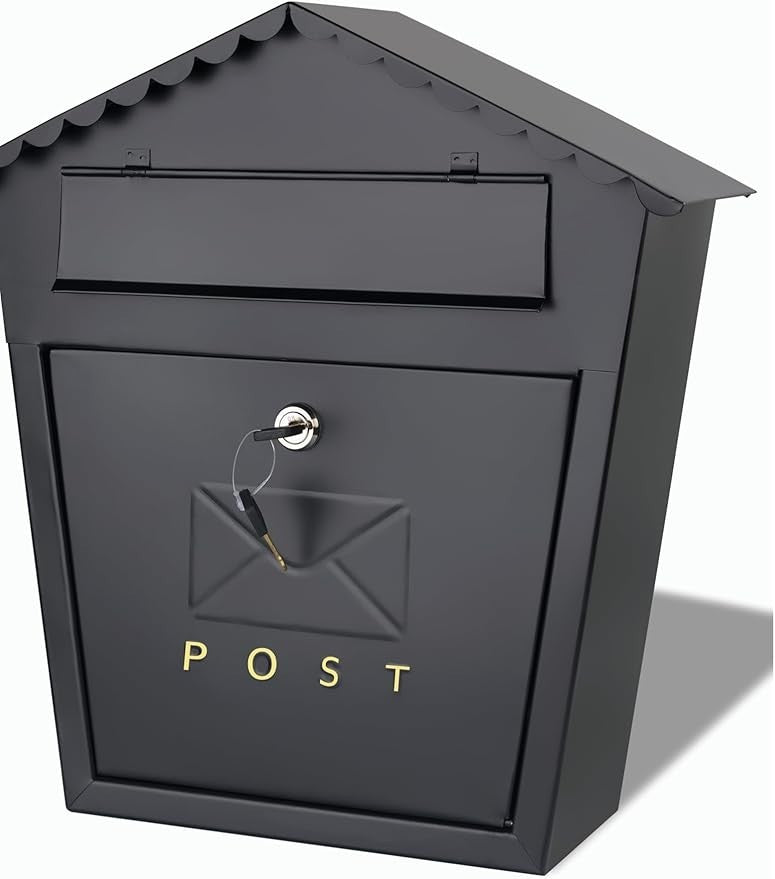 Lockable Cast Iron Wall Mounted Mailbox Black Weatherproof Post Box Large Secure