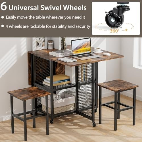 Folding Drop Leaf Dining Table Set with Stools Storage Shelves on Wheels