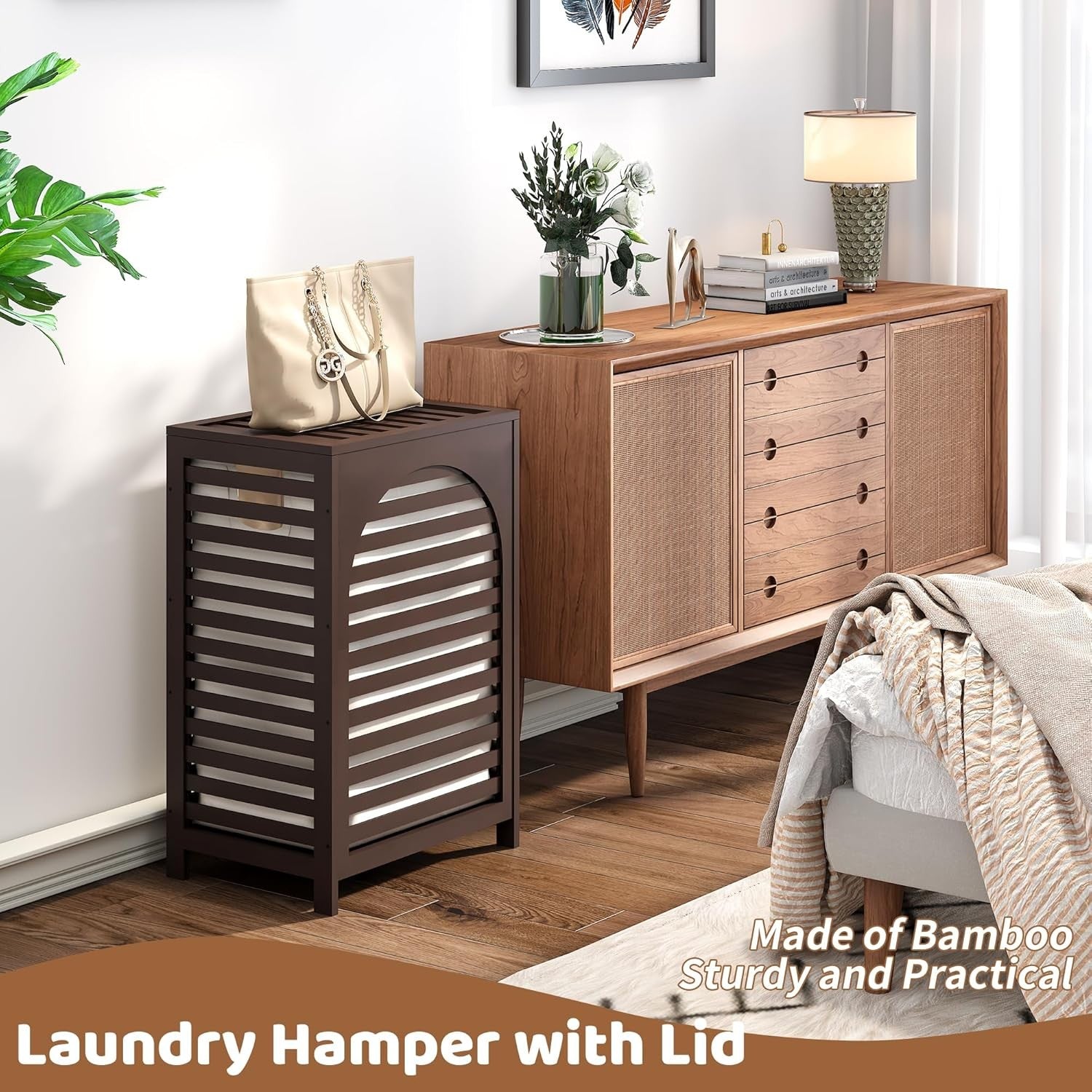 85L Bamboo Laundry Hamper with Lid Large Laundry Basket Removable Liner Brown