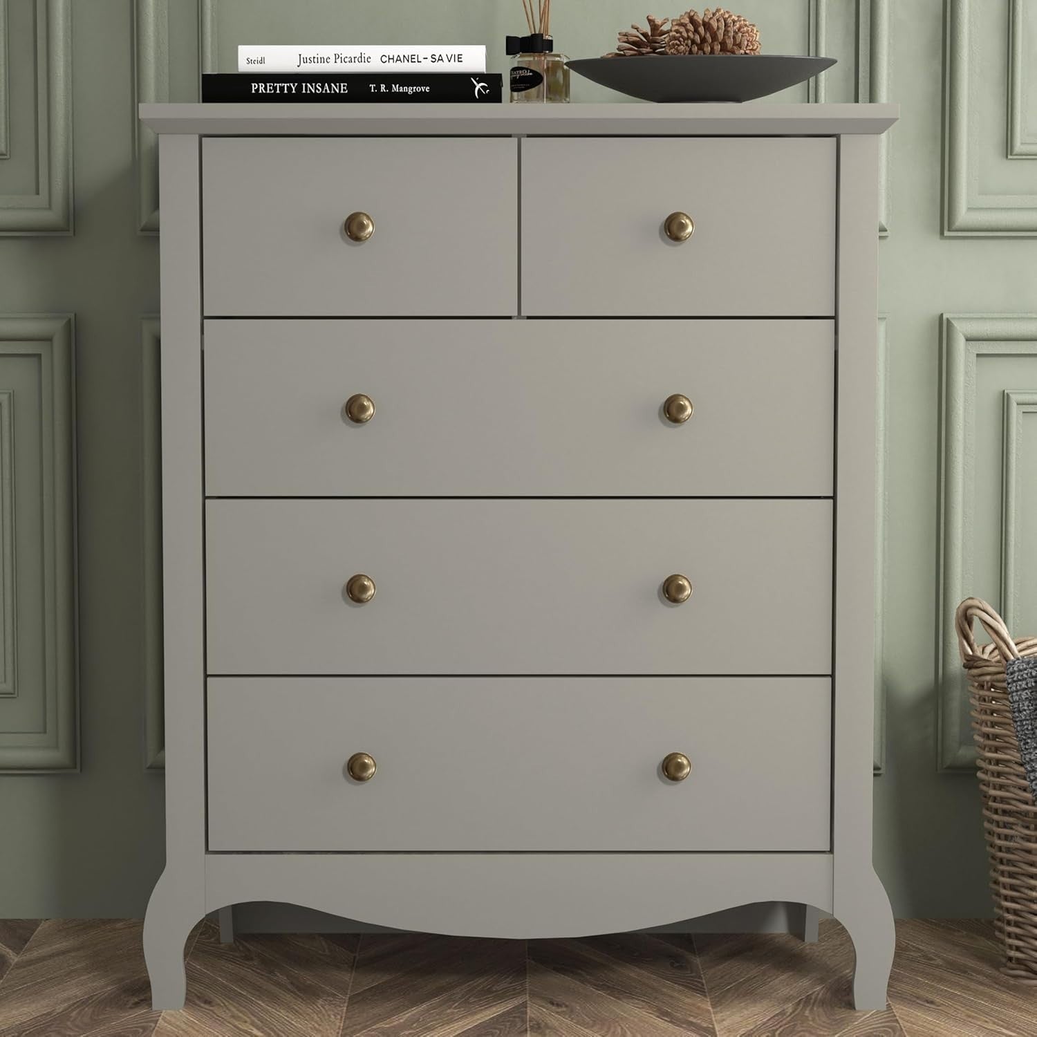 Grey 5 Drawer Chest Storage Cabinet for Bedroom Hallway Entryway