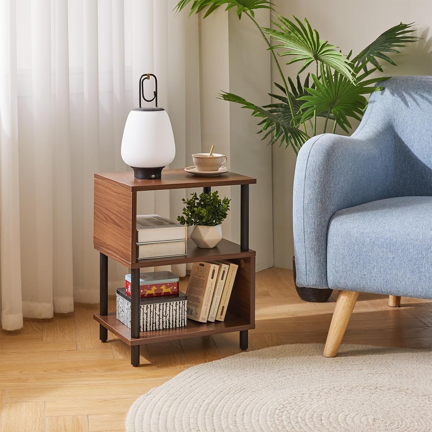 Modern S-Shaped 3-Tier Wooden Side Table with Storage – Compact & Durable