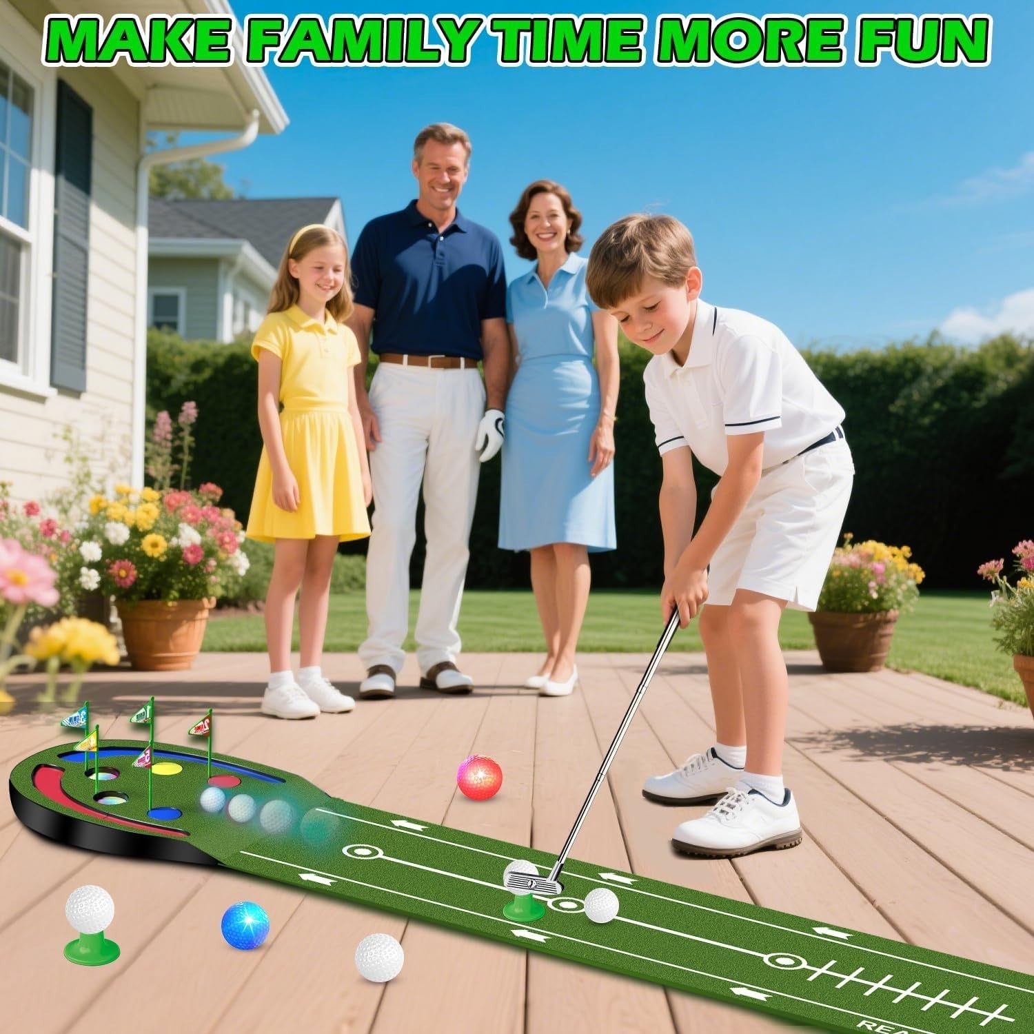 Kids Indoor Golf Putting Mat Game Set LED Balls Portable Practice Green