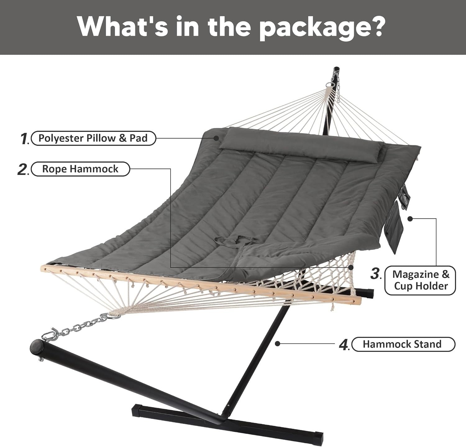 Luxury 2-Person Outdoor Hammock with Stand, Quilted Pad & Pillow – 475lbs