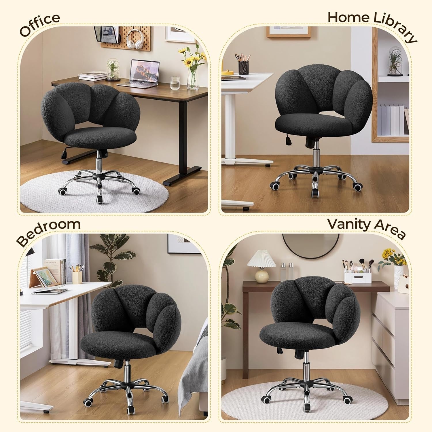 Black Boucle Cloud Vanity Chair Swivel Adjustable Desk Chair with Wheels