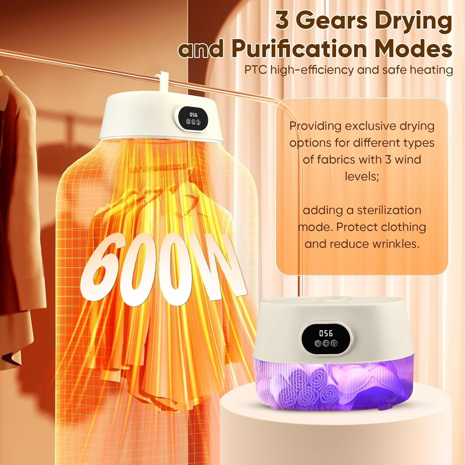 600W Portable Electric Clothes Dryer UV Heated Airer Hanging Mini Indoor
