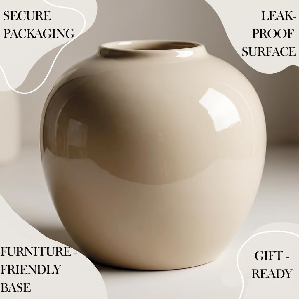 Cream Ceramic Flower Vase 20cm Round Minimalist Modern Home Décor
