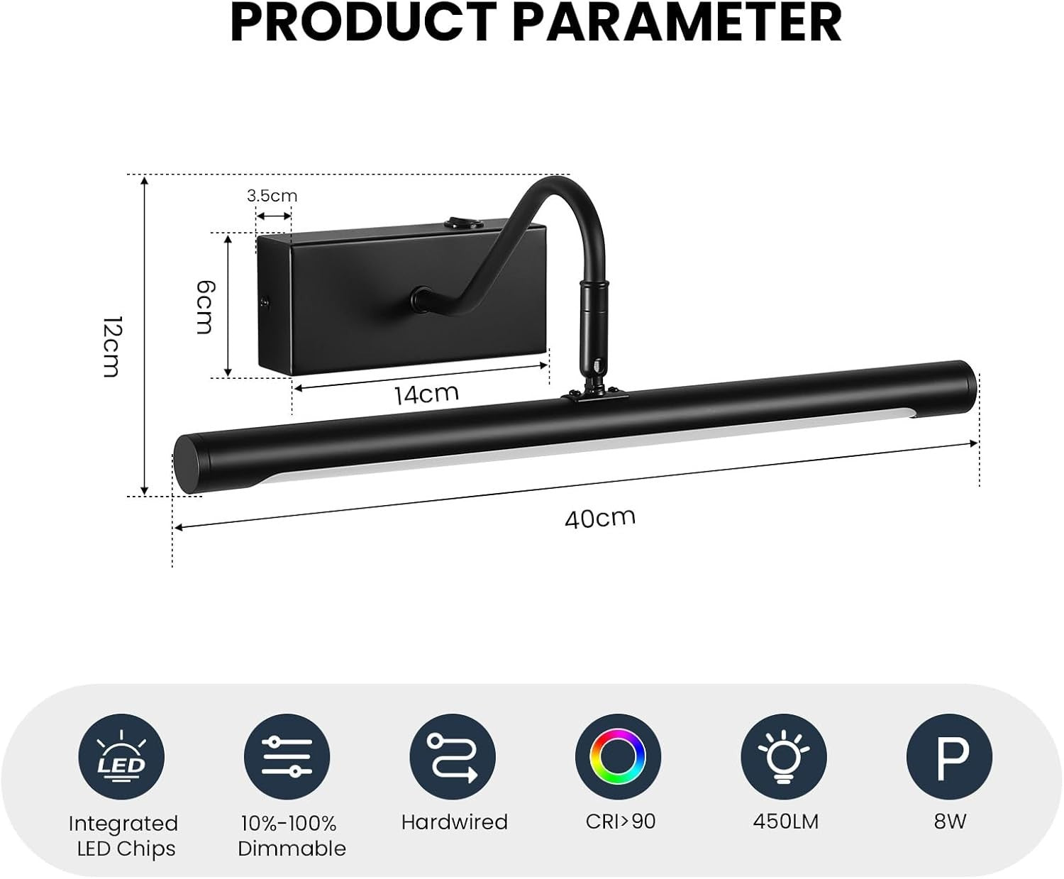 Black 40CM LED Picture Light for Bathroom Vanity, 8W Adjustable Swivel Head