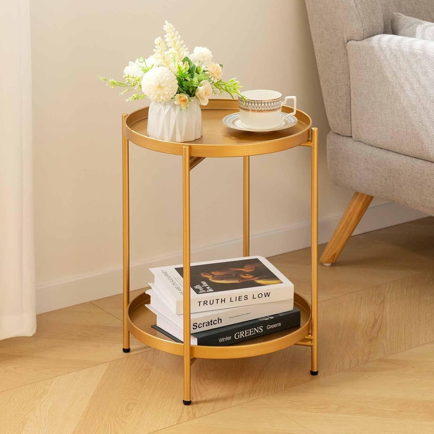 Gold Metal Round Side Table – 2 Tier Removable Tray, Small Coffee Table