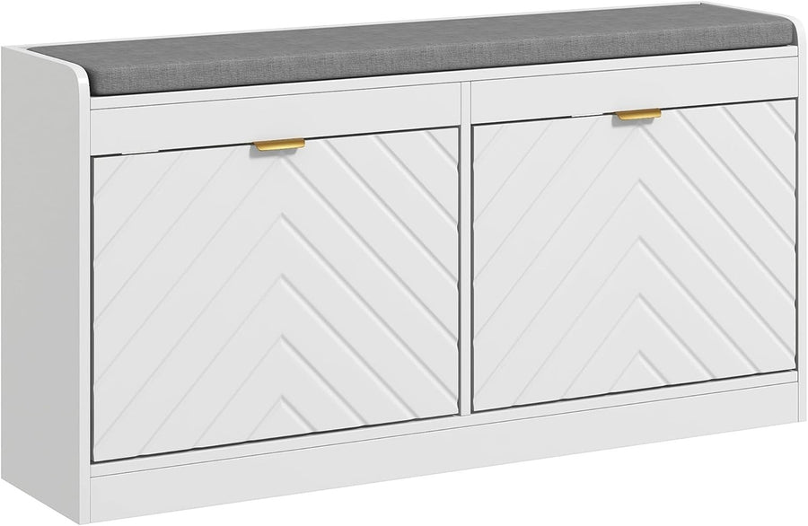 Slim Shoe Storage Bench with Padded Seat, 2 Flip Drawers, Holds 8 Pairs