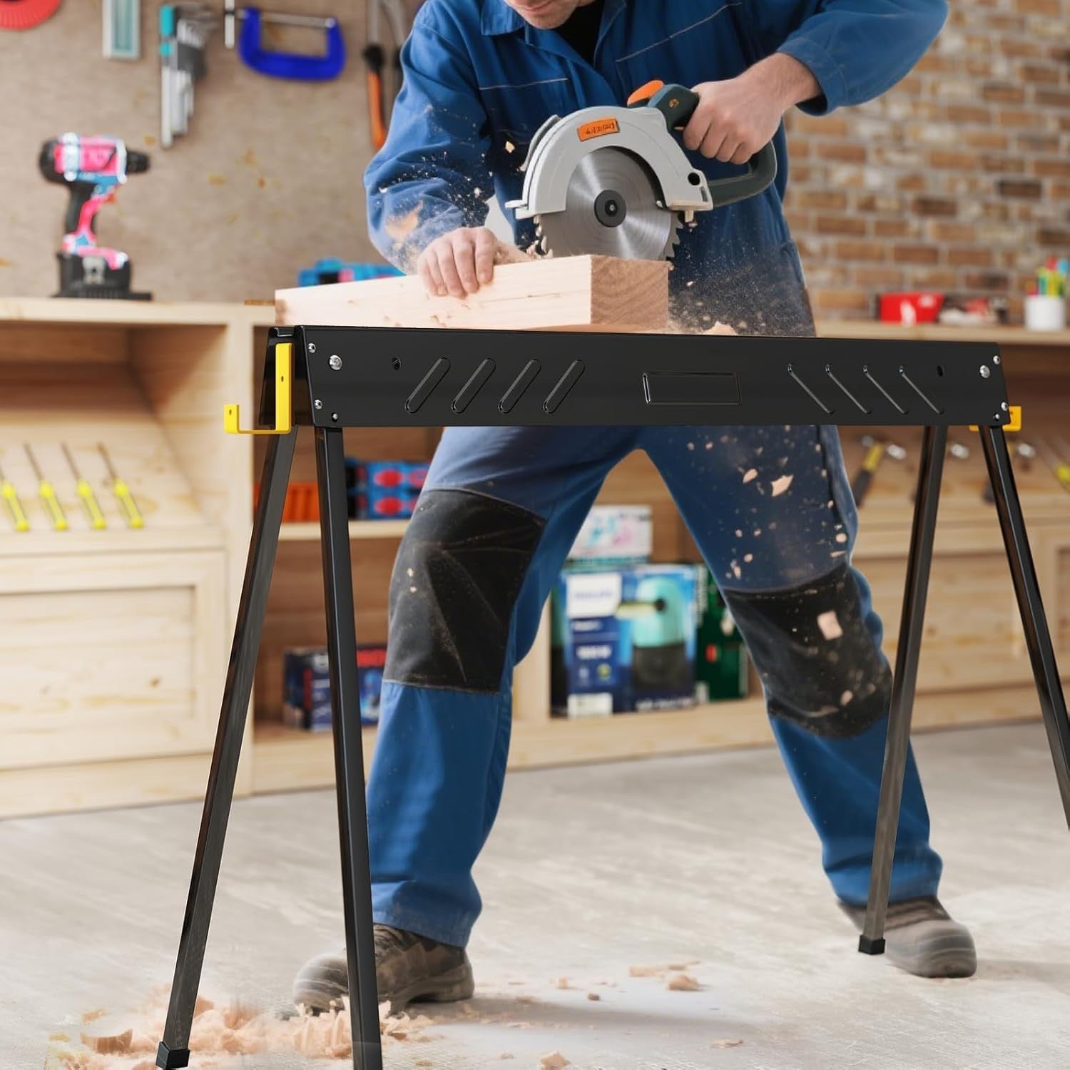 Folding Sawhorse Twin Pack Heavy Duty 1000kg 2x4 Support Arms Black 94x47