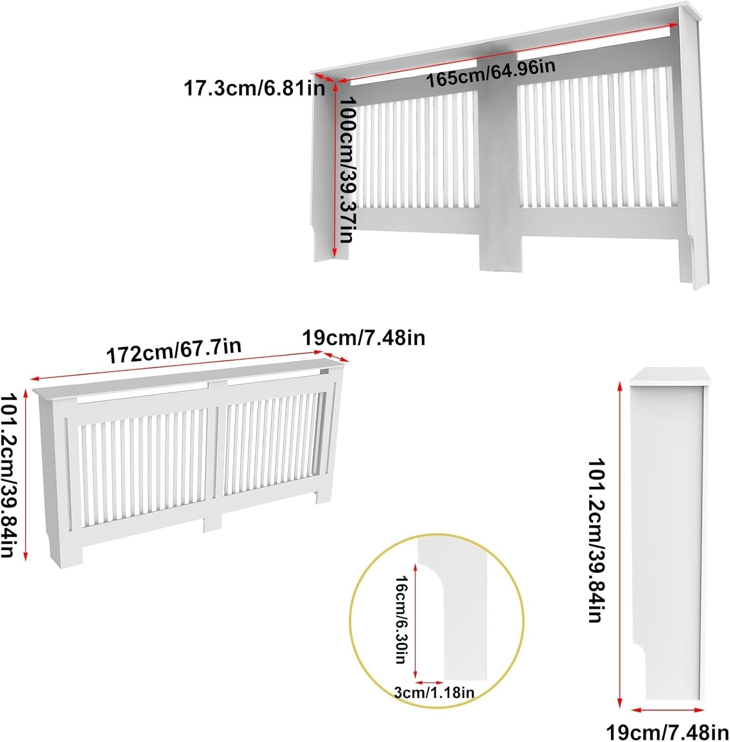 White 100cm Tall Radiator Cover MDF Cabinet Vertical Slats Hallway Furniture