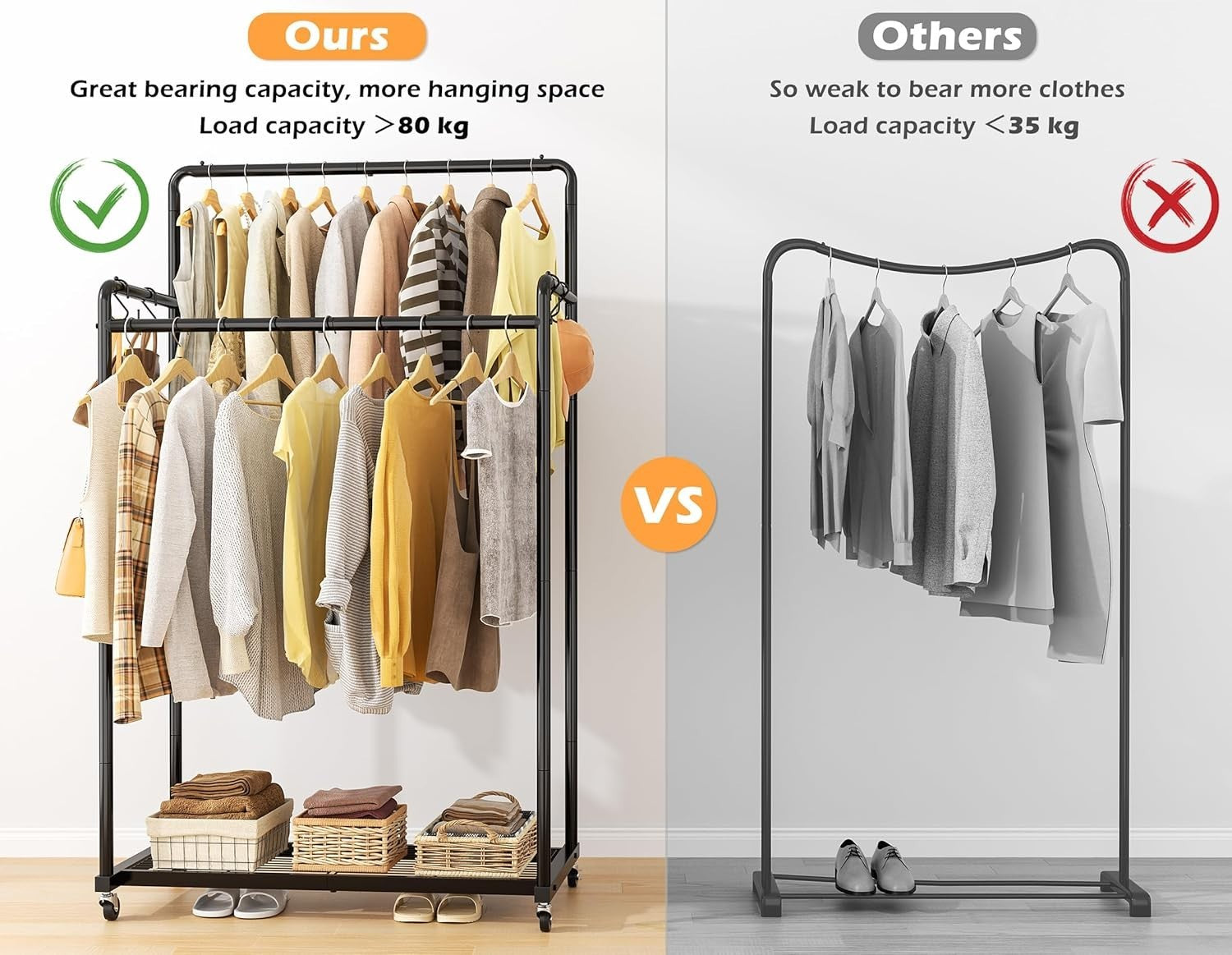 Double Clothes Rail 80KG Heavy Duty Rack With Shelf Black
