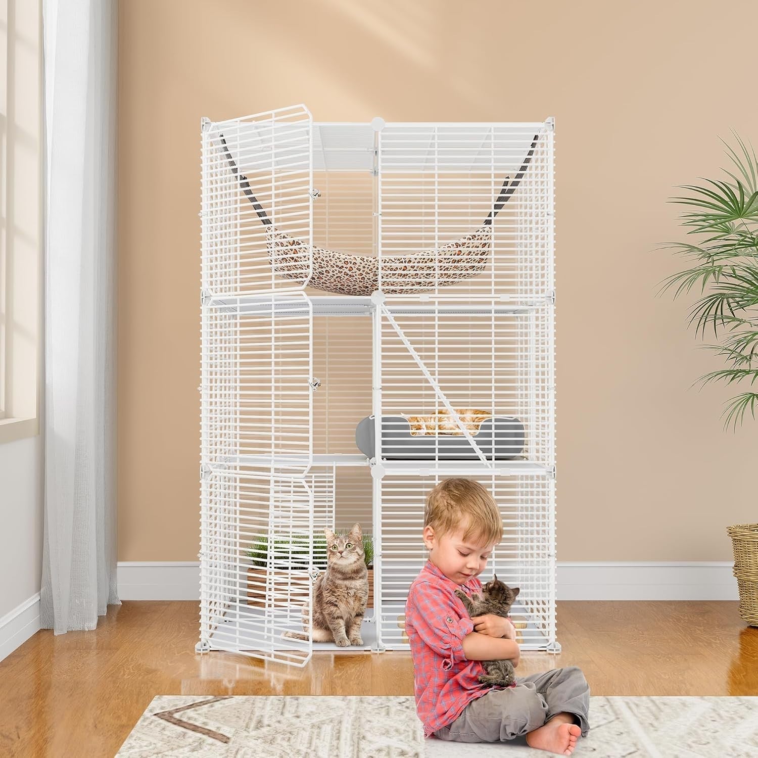 3-Tier Indoor Cat Cage Playpen w/ Hammock, Sturdy Metal Crate for 1-2 Cats