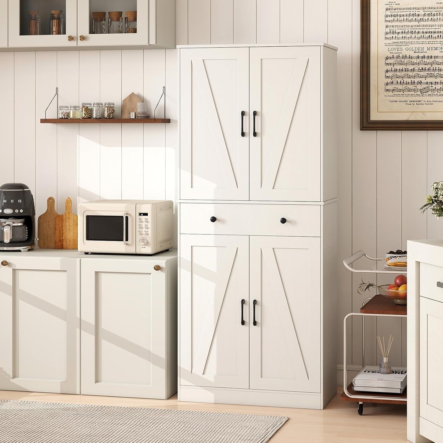 183cm Tall Kitchen Cupboard White 6-Tier Adjustable Shelves Drawer Storage
