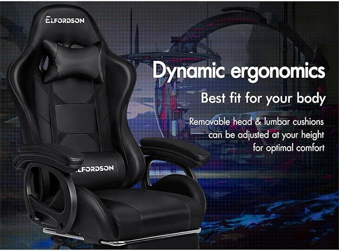 ELFORDSON Gaming Chair w/ 2-Point Massage Lumbar Black