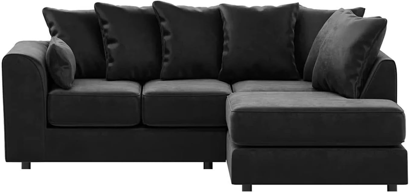 Black Velvet Corner Sofa 4 Seater L Shape | RH Full Foam Seating | Modern Chaise