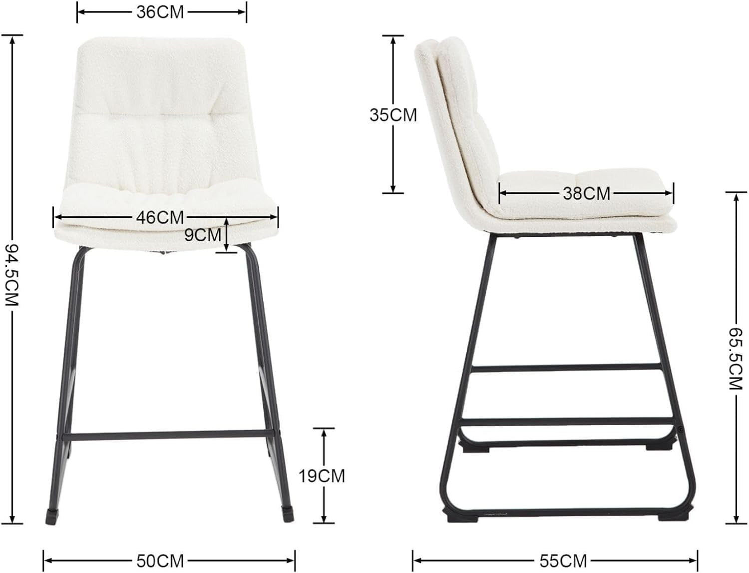 Modern White Bar Stools Set of 2 – Teddy Fabric Counter Chairs