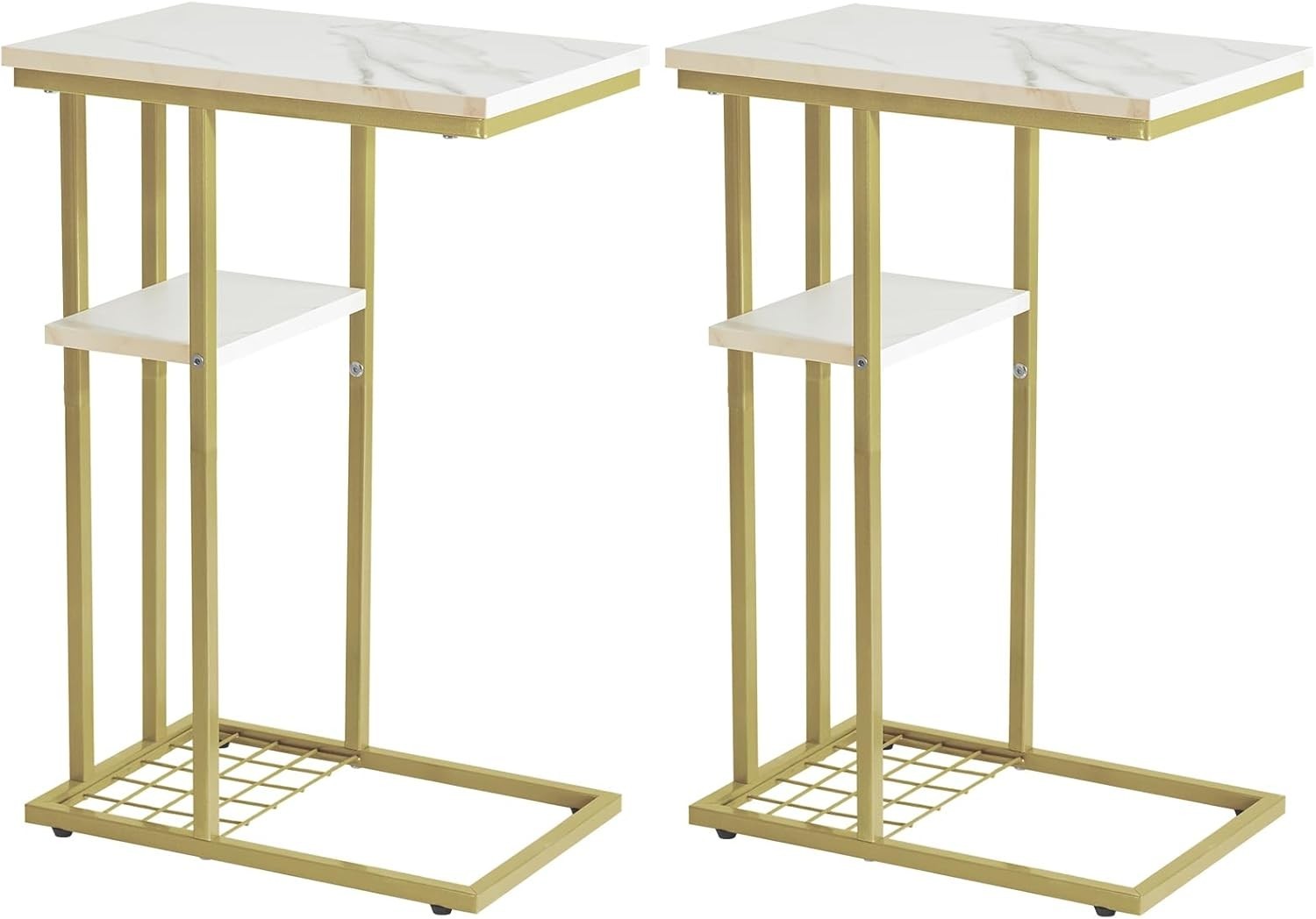 Set of 2 C-Shaped End Tables Marble White & Gold – Compact, Sturdy, Multi-Use
