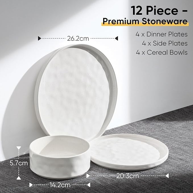 12pc White Stoneware Dinner Set Plates Bowls Reactive Glaze Service for 4