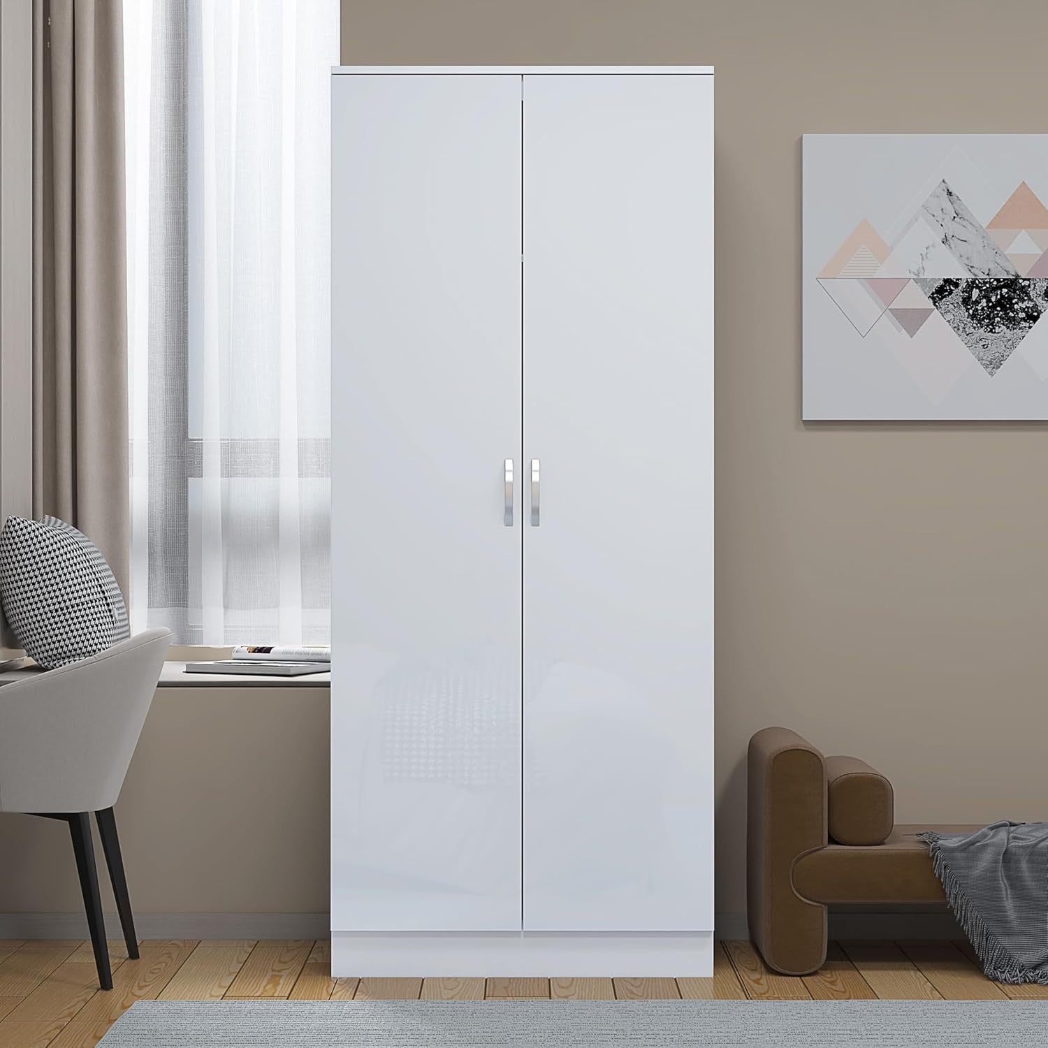 White High Gloss 2 Door Slim Wardrobe with Hanging Rail & Shelf 180cm