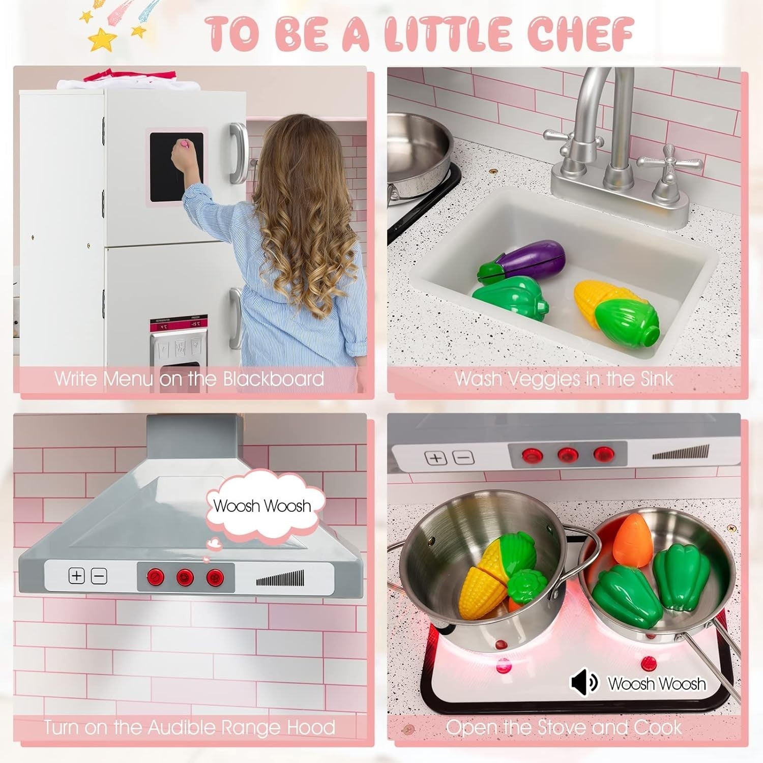 Corner Kids Play Kitchen Lights Sounds Pink Wooden Chef Toy Set