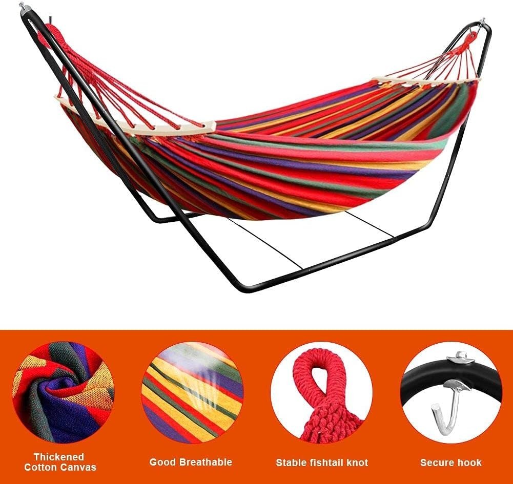 Double Cotton Hammock with Stand, Adjustable, Portable, Easy Set-Up, 200kg Capac