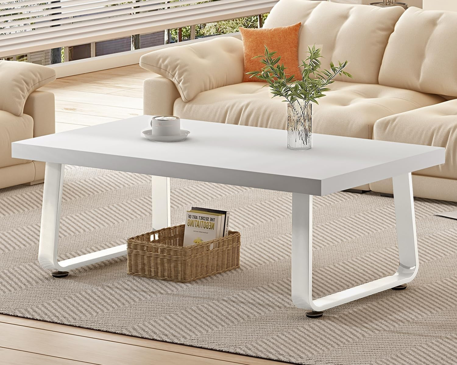 Modern White Oak Coffee Table 100cm Metal Frame Minimalist Living Room