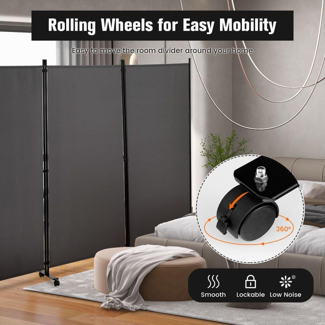 3 Panel Grey Folding Room Divider Privacy Screen on Wheels for Home Office